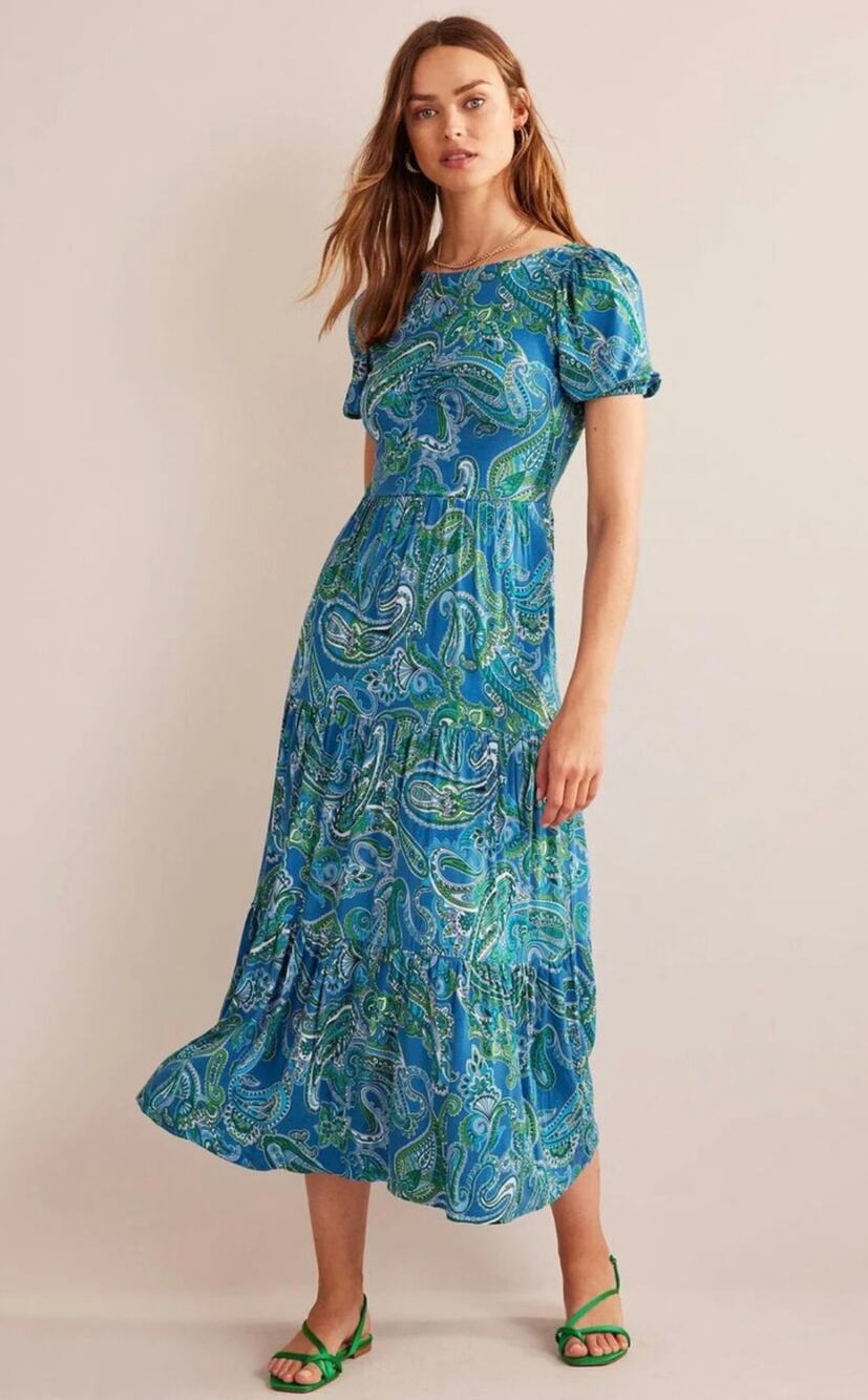 Boden Blue Green Paisley Print Cutout-Back Jersey Maxi Dress Pockets Size 16-18